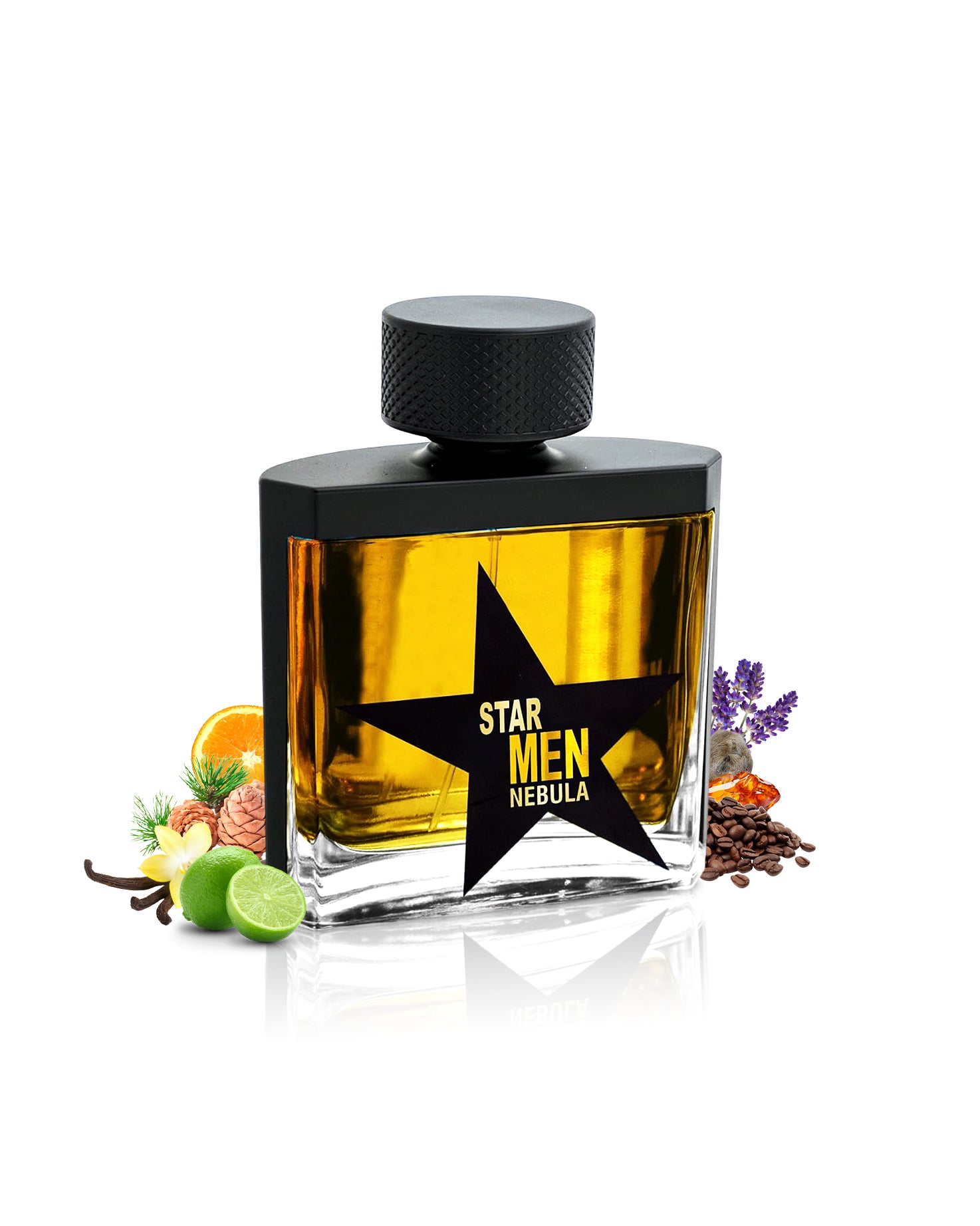 fragrance world star men nebula perfume bottle surrounded with its ingredients like citrus and coffe with many others like amber and lavander shows against white background