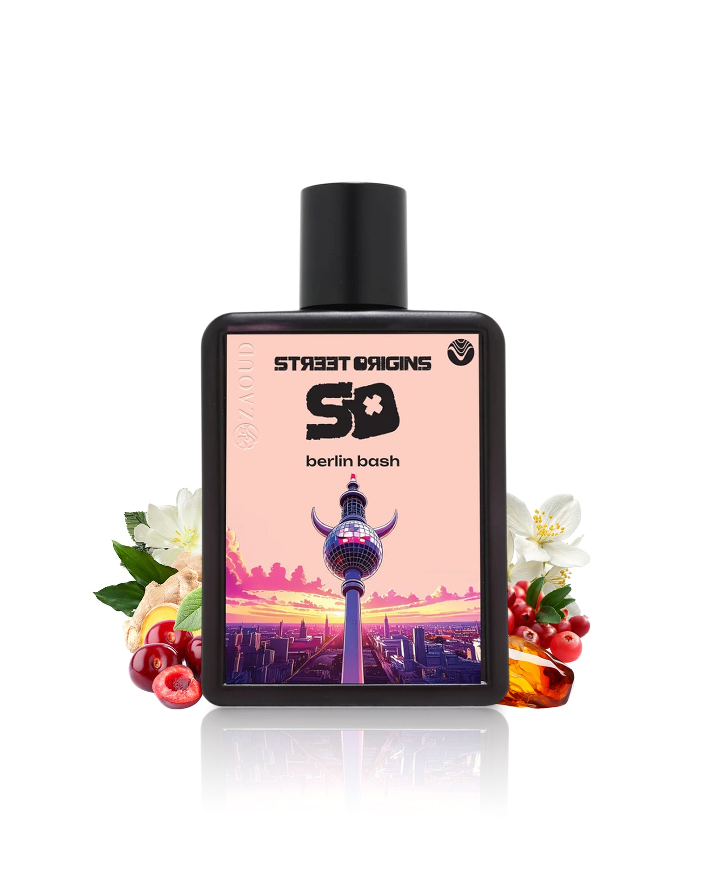 street origins berlin bash perfume bottle surrounded with fragrance notes like cherry and amber shows against white background