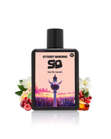 street origins berlin bash perfume bottle surrounded with fragrance notes like cherry and amber shows against white background