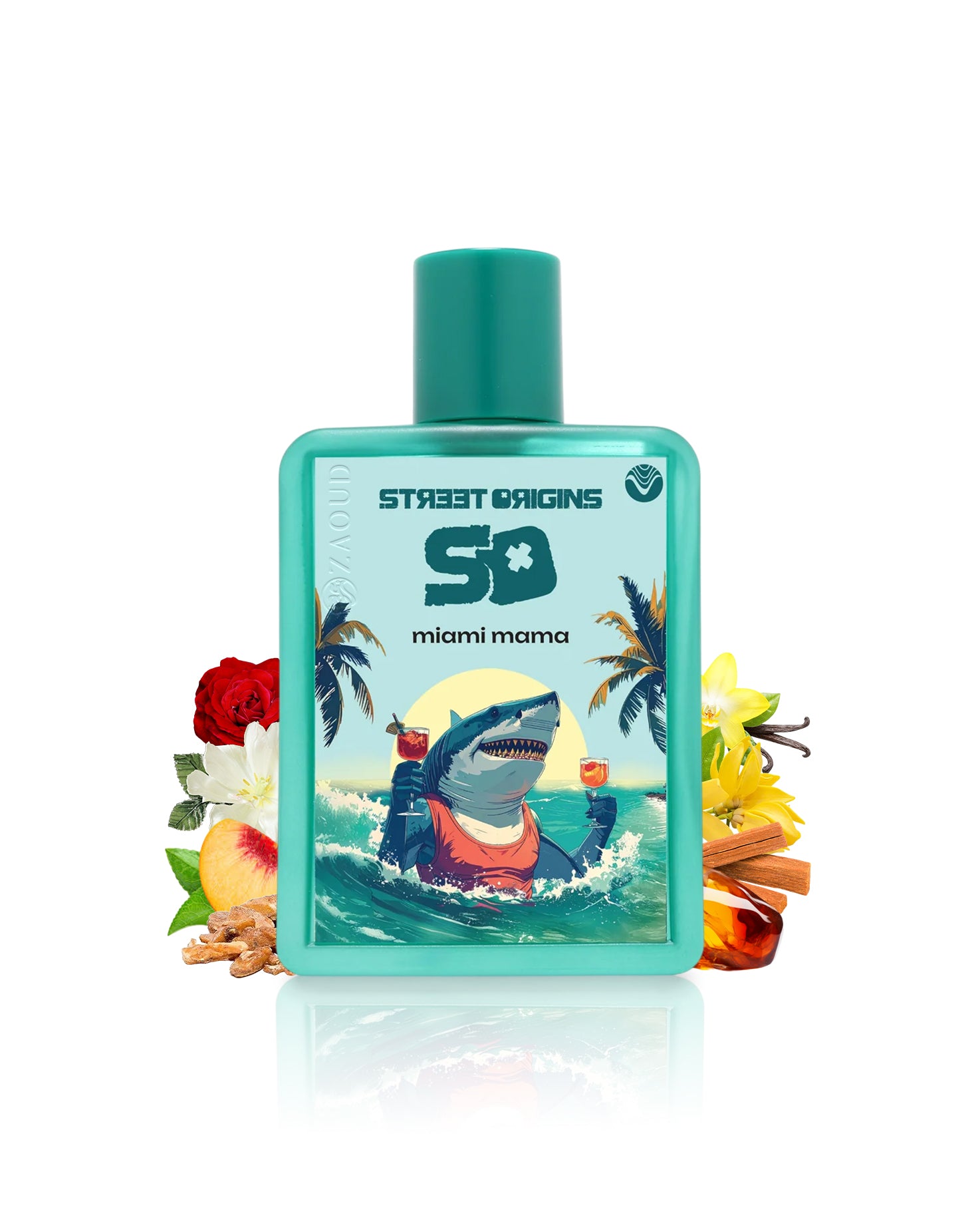street origins miami mama perfume bottle surrounded by fragrance notes like flowers and amber shows against white background