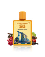 street origins singapore proper perfume bottle surrounded by fragrance notes like raspberry and leather shows against white background