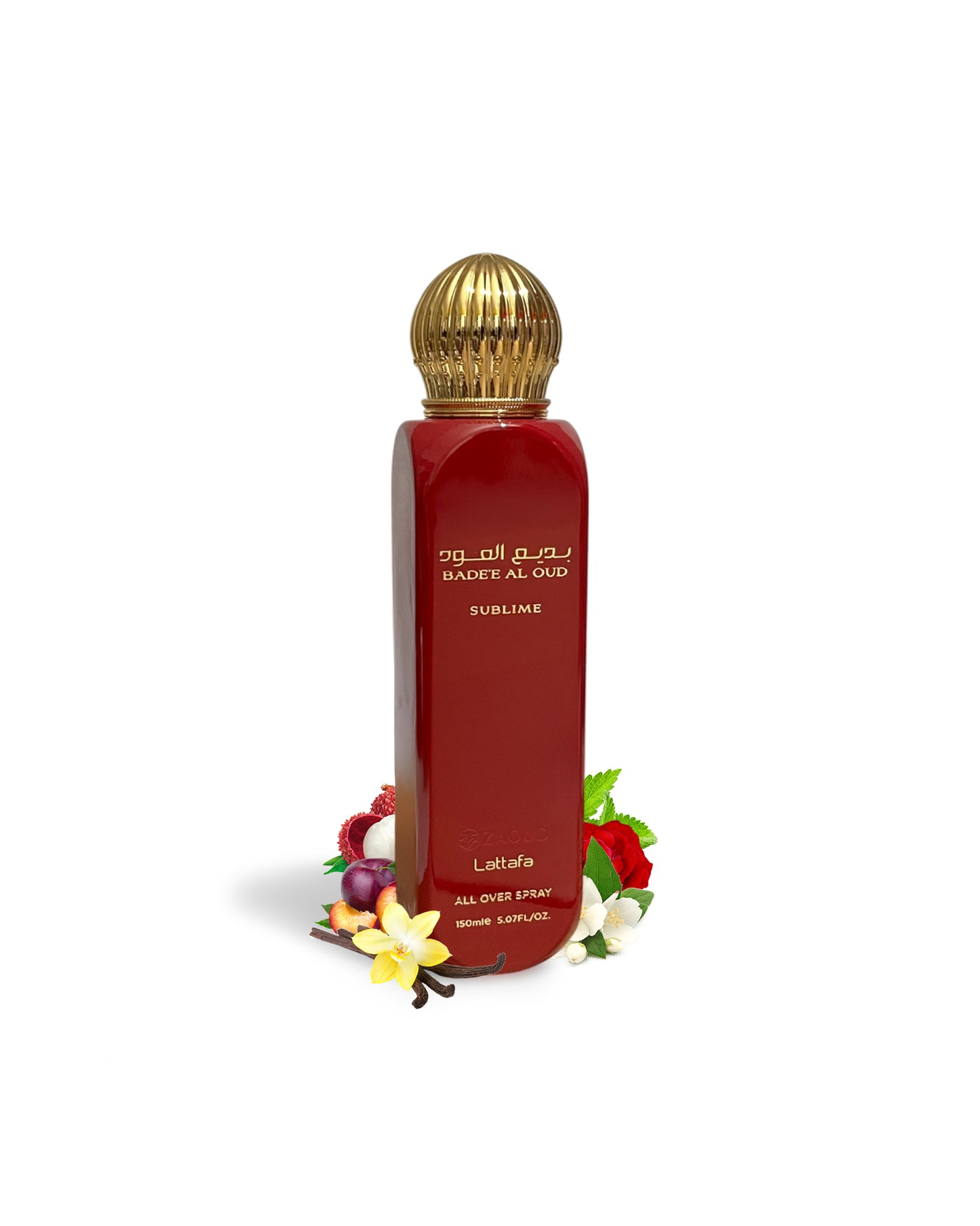 lattafa sublime all over spray bottle surrounded by fragrance notes like vanilla and litchie shows against white background