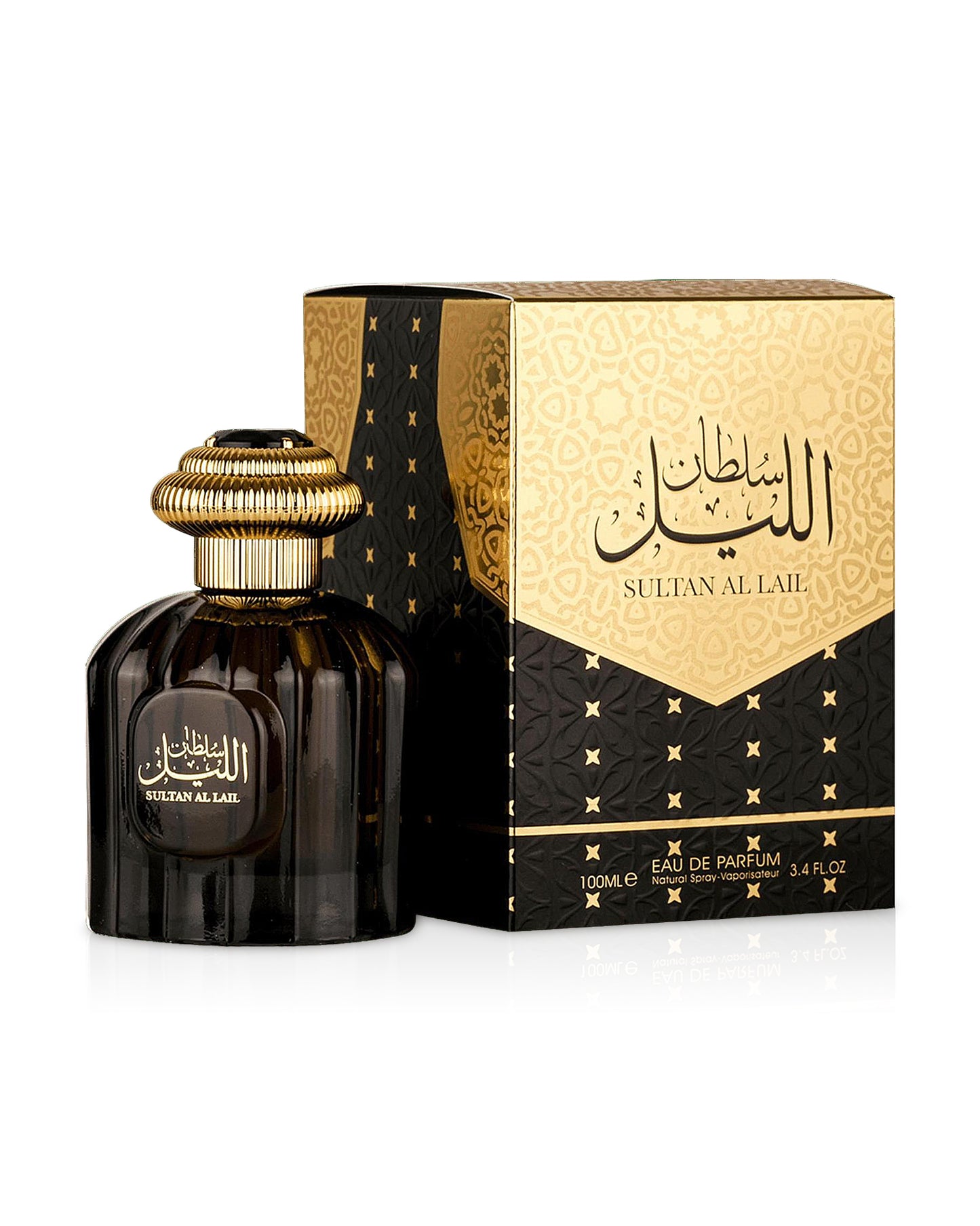 sultan al lail by al wataniah perfume bottle shows beside its box against white background