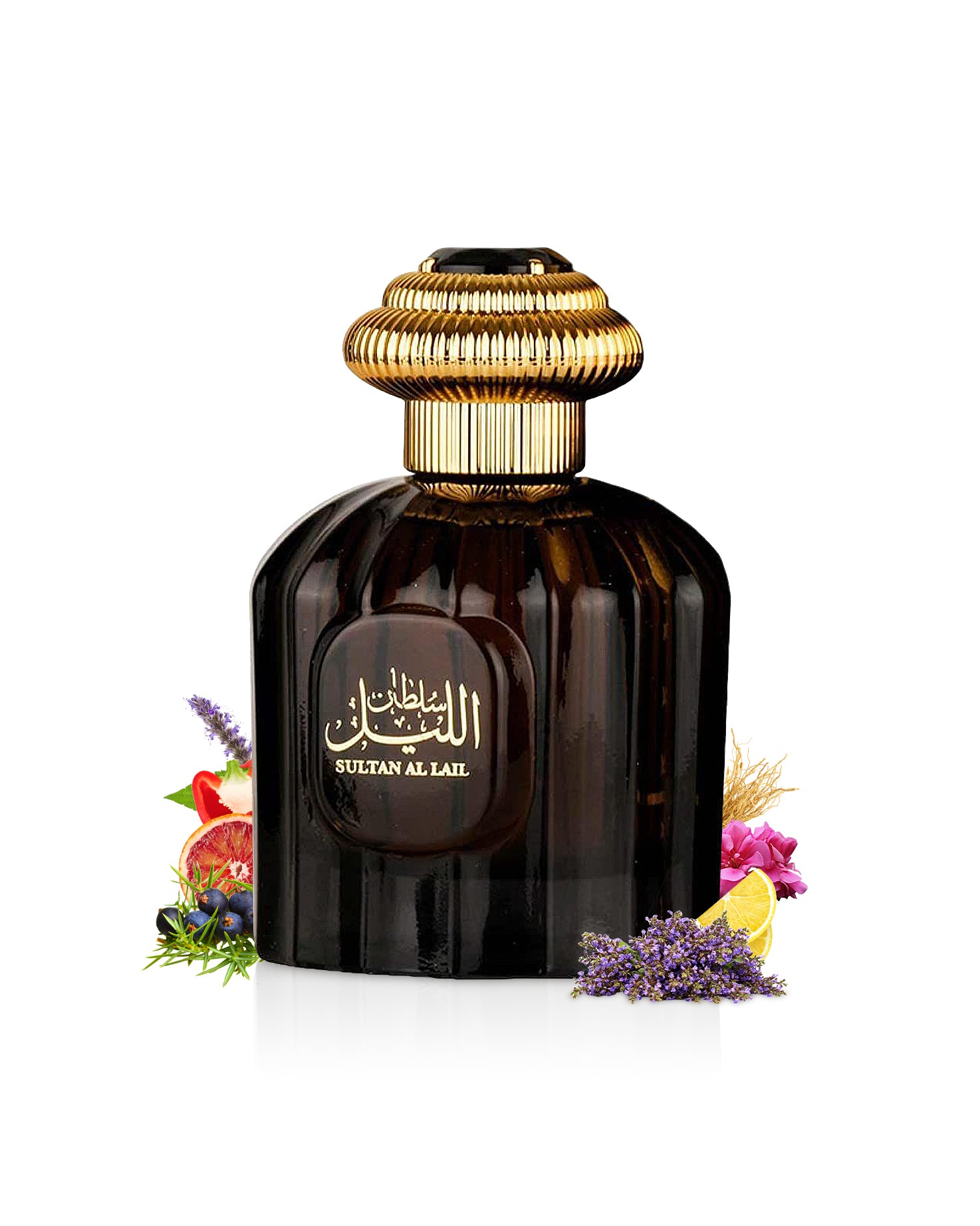 sultan al lail by al wataniah perfume bottle surrounded with its ingredients like lavender and citrus with many others shows from behind the bottle against white background