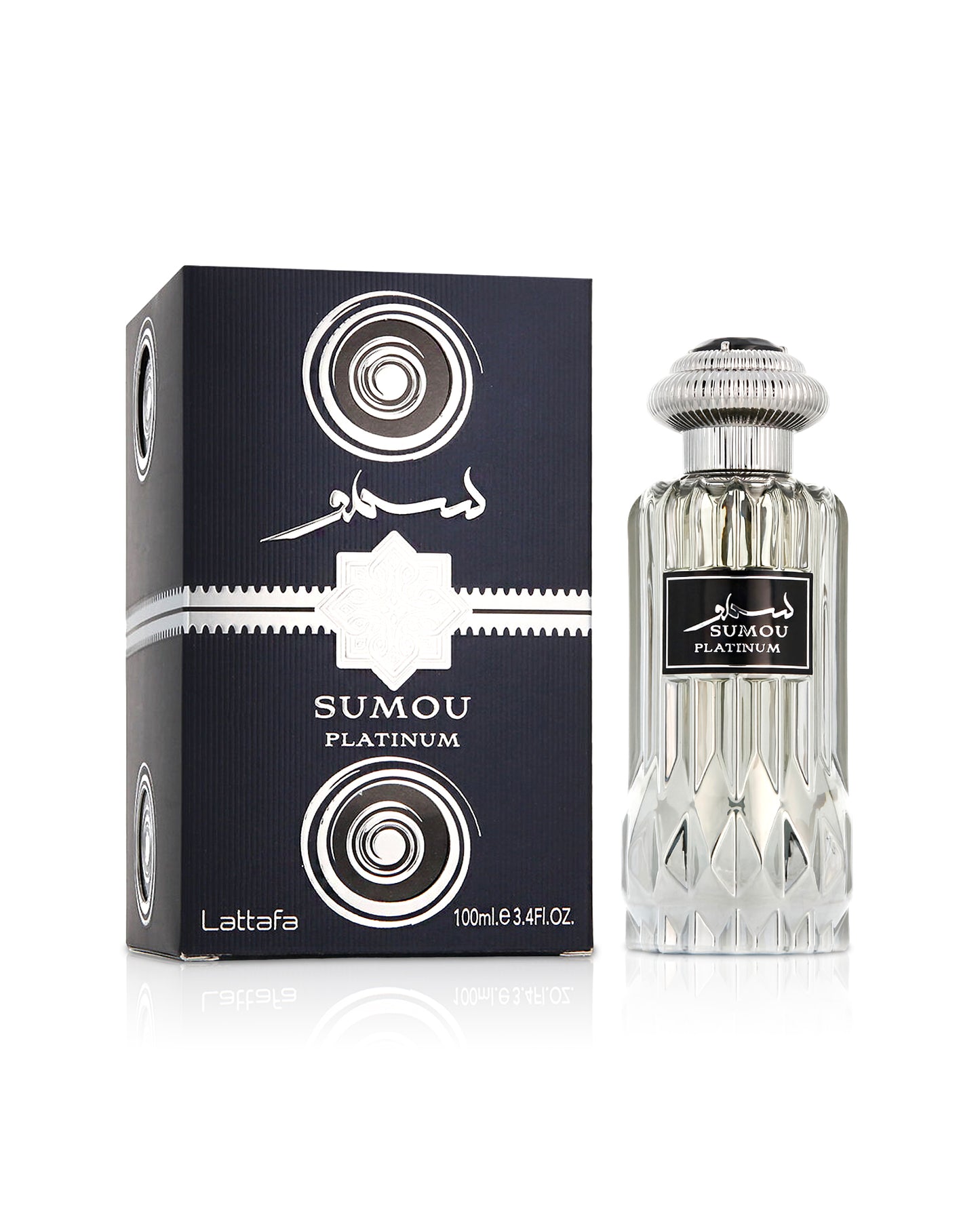 lattafa sumou platinum perfume bottle shows beside its box against white background