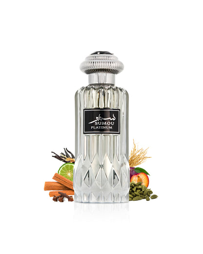 lattafa sumou platinum perfume bottle surrounded with its ingredients like peach and cardamom with many others shows from behind the bottle against white background