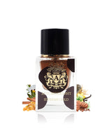 autobiography supreme gold perfume bottle surrounded with fragrance notes like vanilla and resins shows from behind the bottle against white background