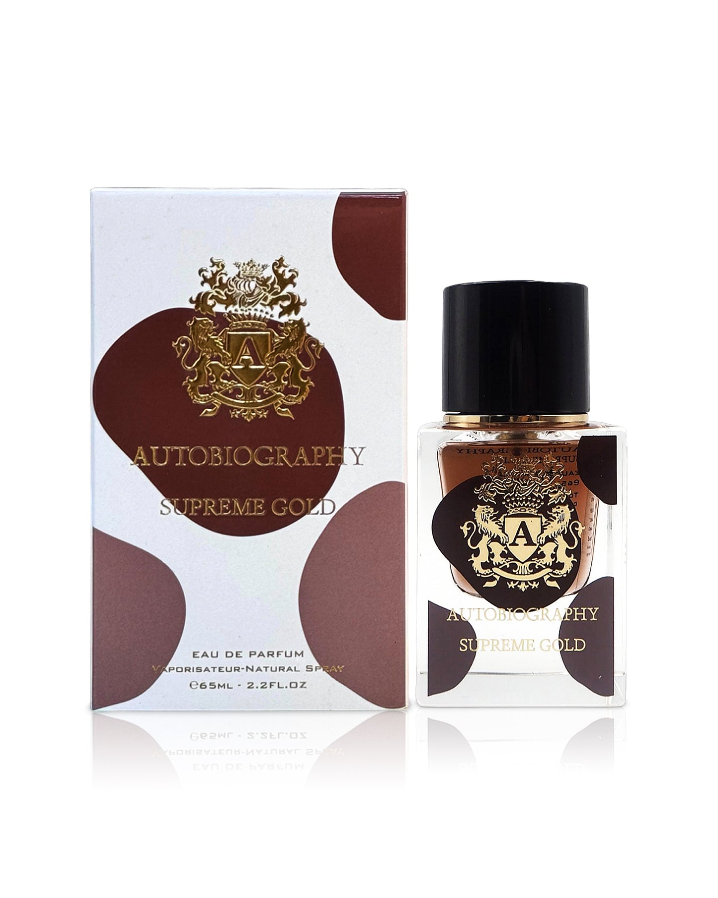 autobiography supreme gold perfume bottle shows beside its box against white background