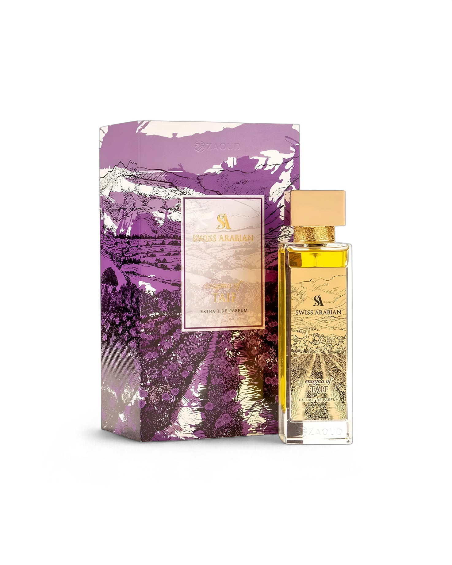 swiss arabian enigma of taif perfume bottle shows beside its box against white background