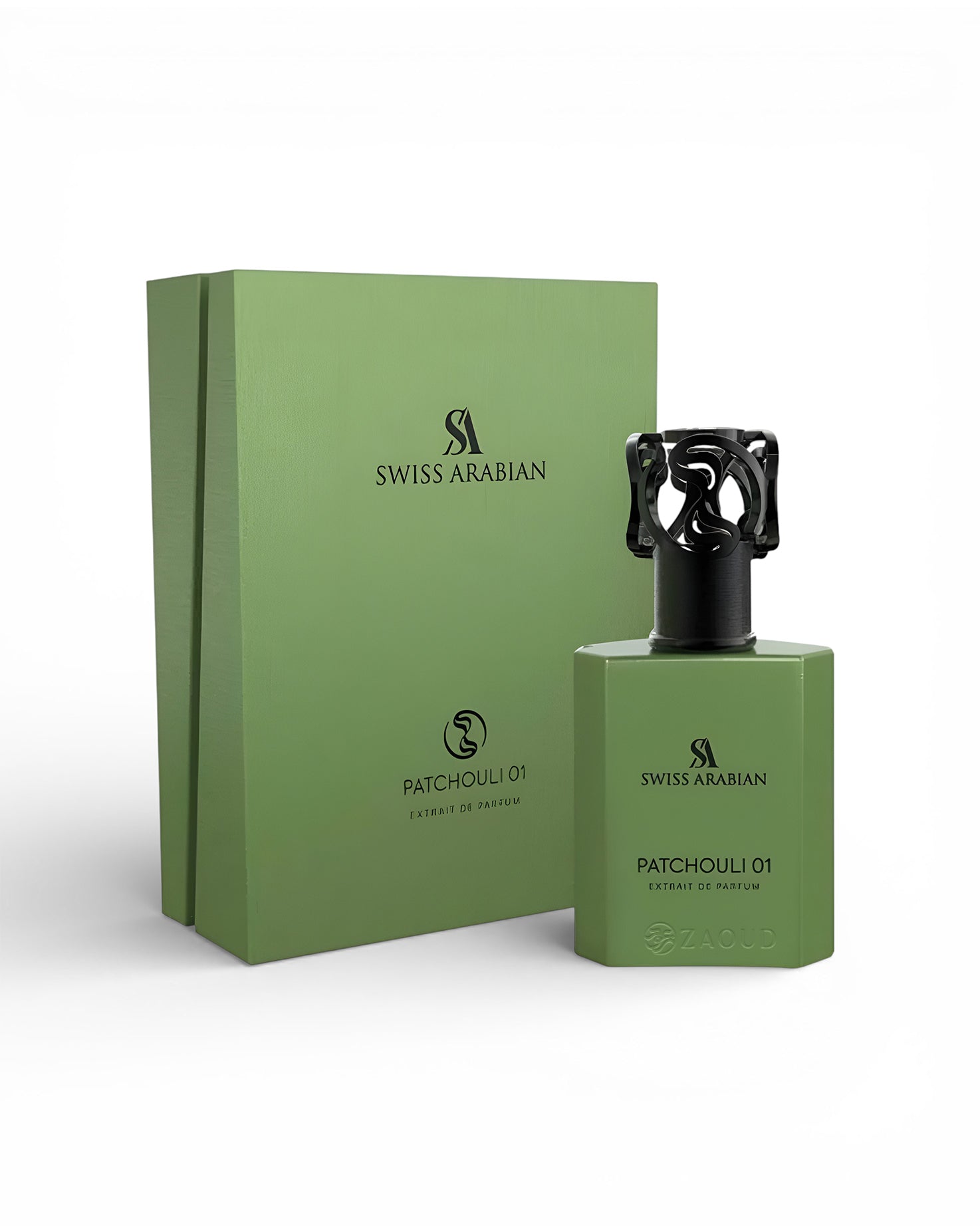 Swiss Arabian Patchouli 01 perfume bottle and packaging on a white background