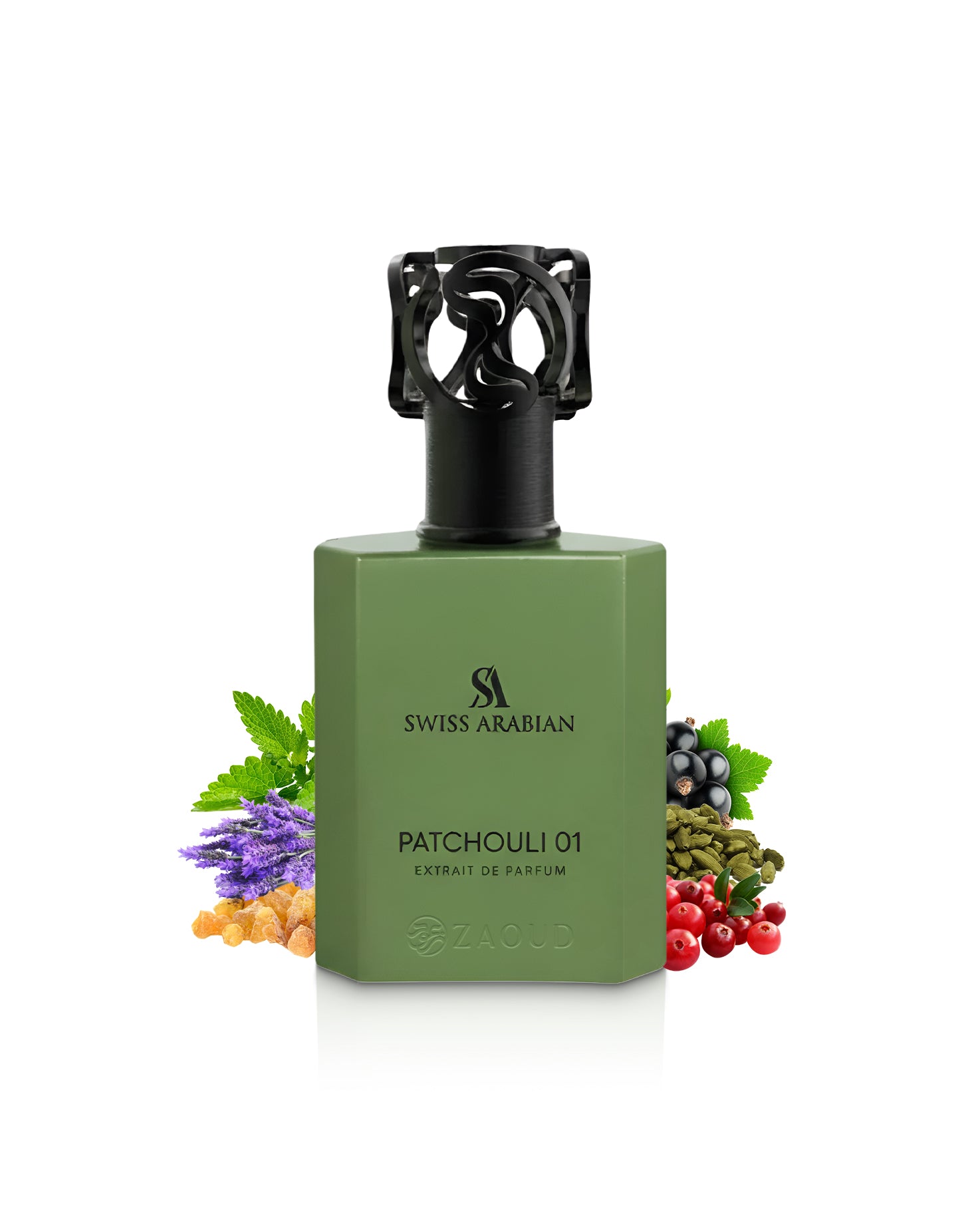 Swiss Arabian Patchouli 01 perfume bottle with botanical elements on a white background