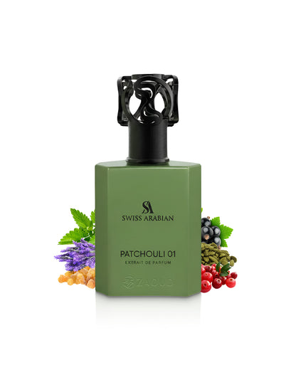 Swiss Arabian Patchouli 01 perfume bottle with botanical elements on a white background