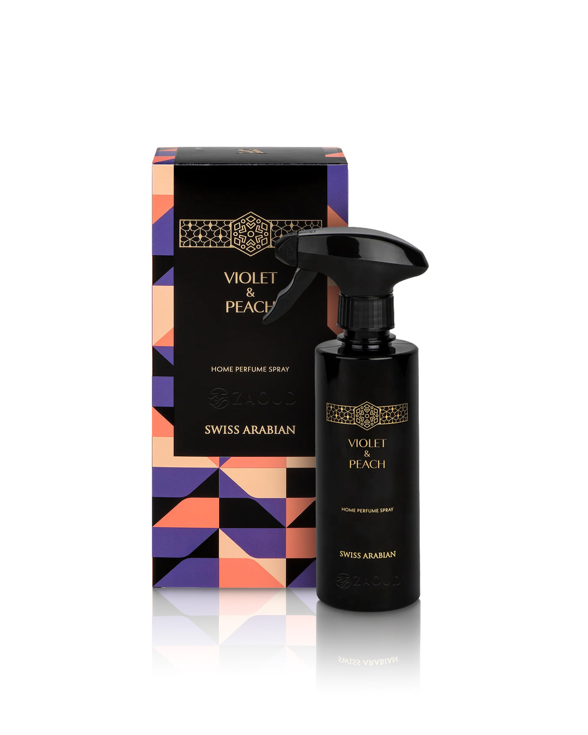 swiss arabian violet and peach home perfume spray bottle shows beside its packaging against white background