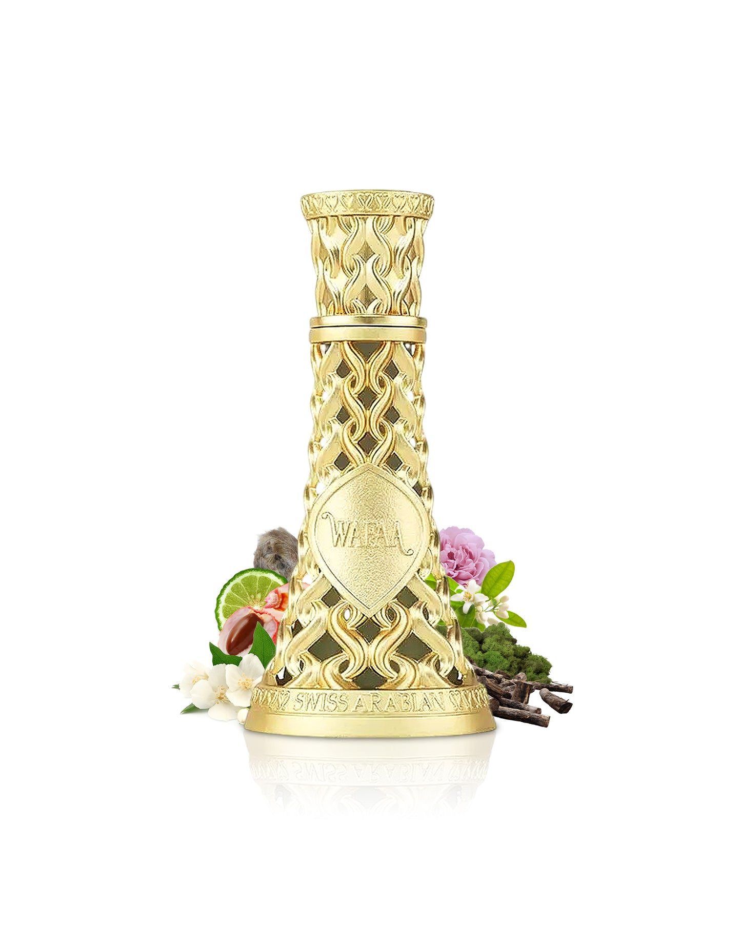 swiss arabian wafaa perfume bottle surrounded with fragrance notes like jasmine and litchy shows from behind the bottle against white background