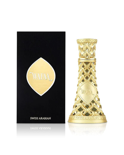 swiss arabian wafaa perfume bottle shows beside its box against white background