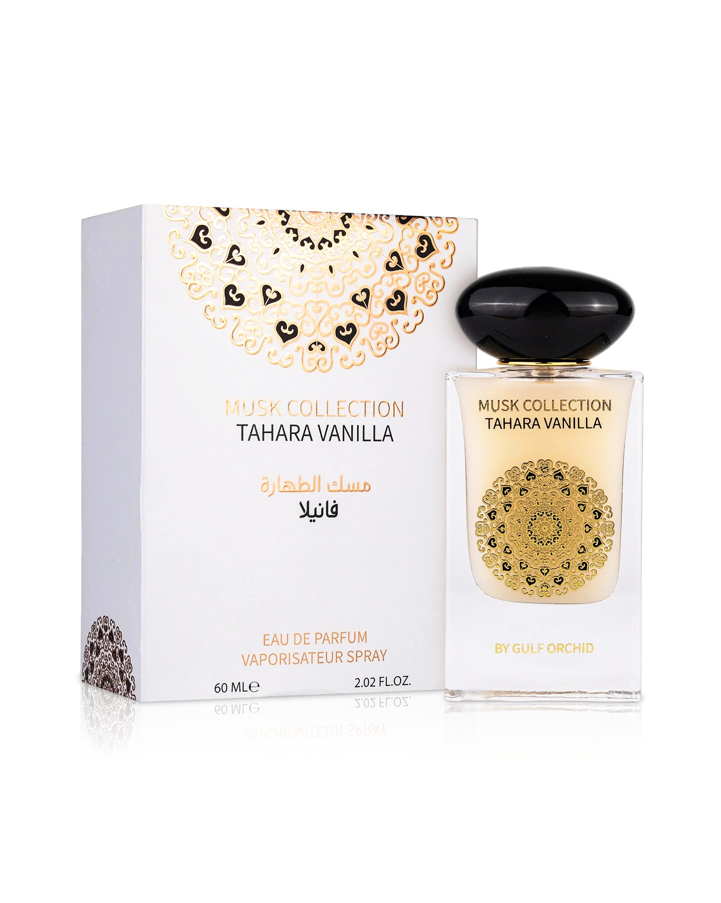 gulf orchid tahara vanilla perfume bottle shows beside its box against white background