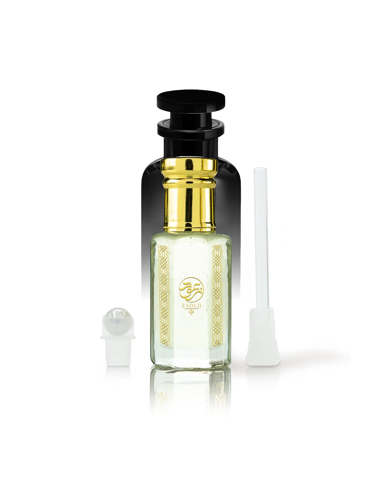 taif sama perfume oil bottle with a black cap and gold accents, shown on a white background with its white atomizer spray cap and a white applicator wand beside it.