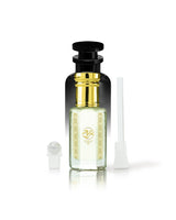taif sama perfume oil bottle with a black cap and gold accents, shown on a white background with its white atomizer spray cap and a white applicator wand beside it.