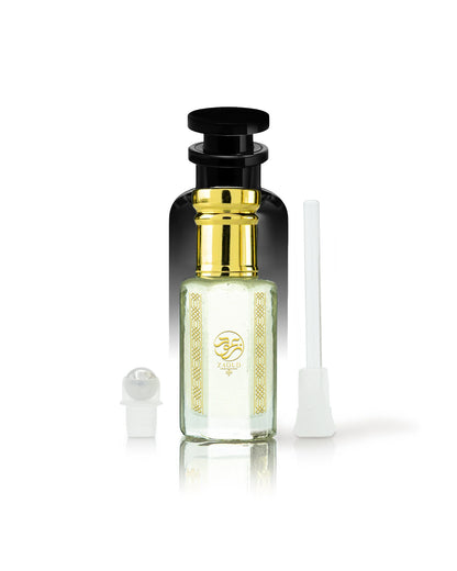 taif sama perfume oil bottle with a black cap and gold accents, shown on a white background with its white atomizer spray cap and a white applicator wand beside it.