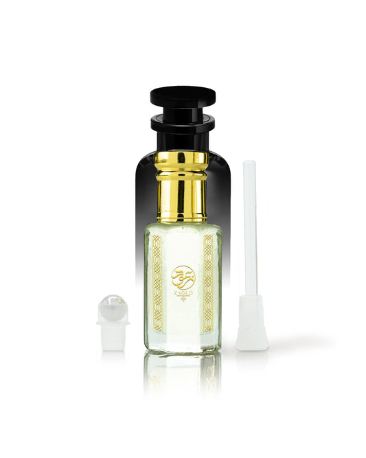 taif sama perfume oil bottle with a black cap and gold accents, shown on a white background with its white atomizer spray cap and a white applicator wand beside it.