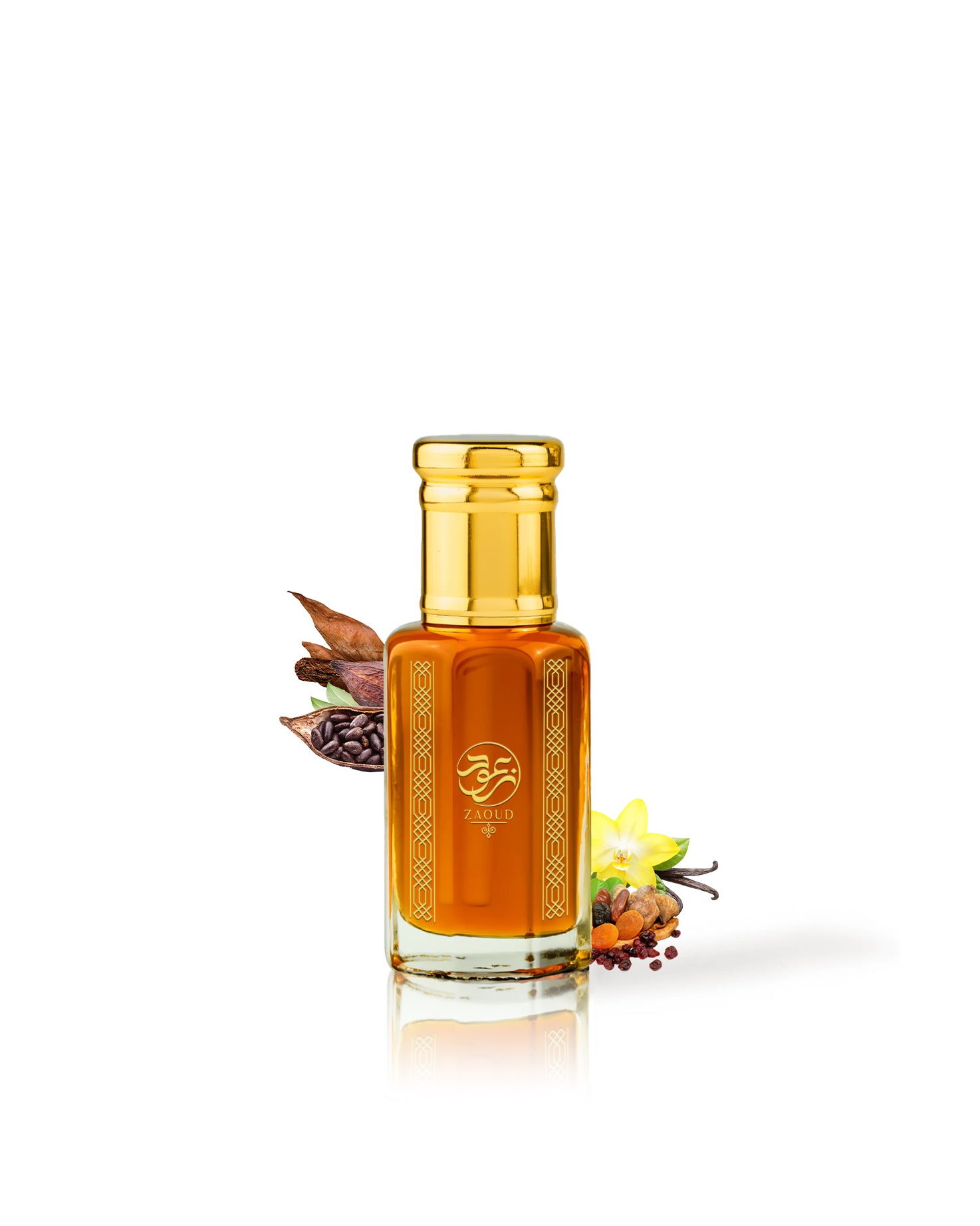 tambul perfume oil bottle, topped with a shiny gold cap, centered on a white background with decorative botanical elements around the base.