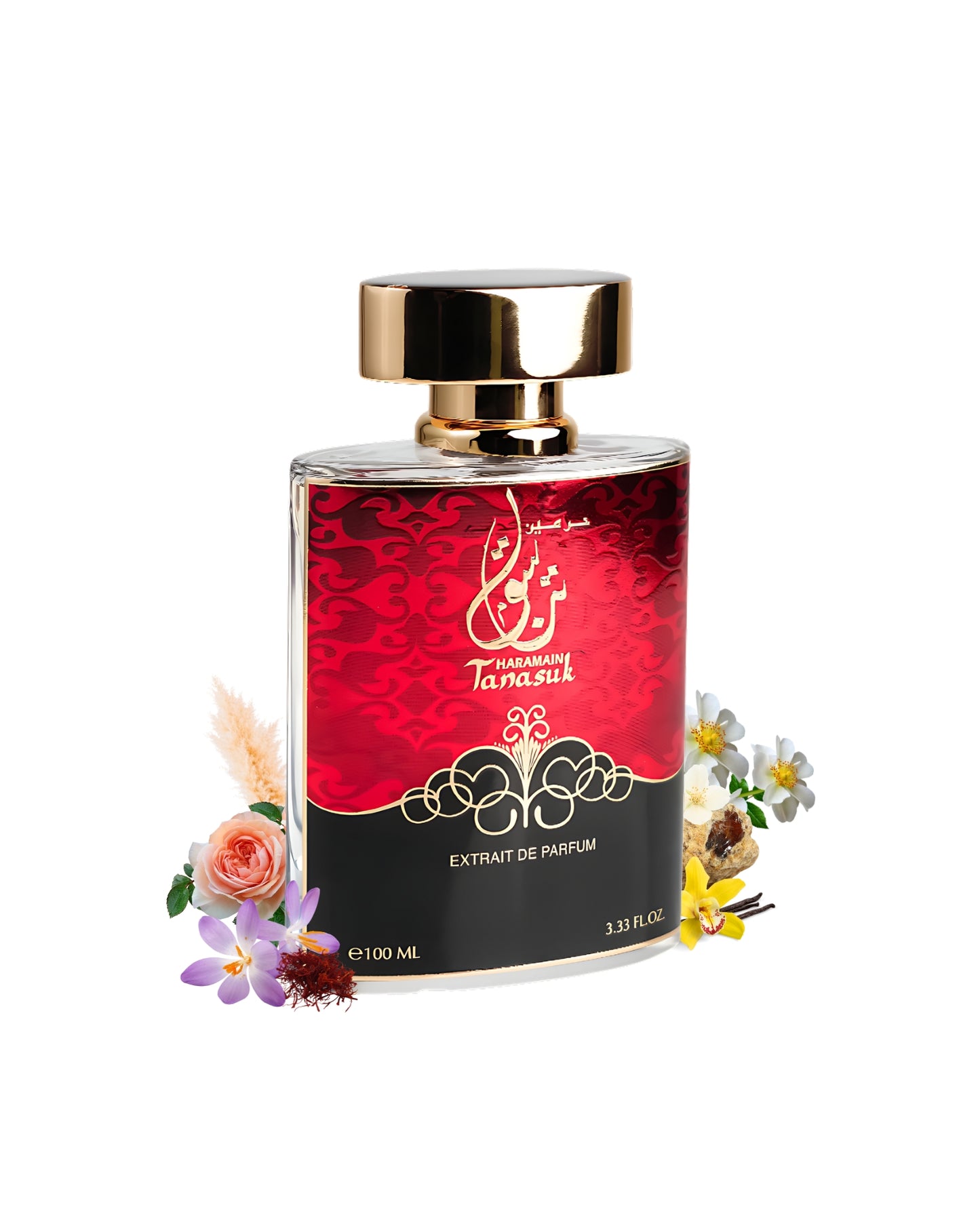 tanasuk extrait de parfum by al haramain perfume bottle surrounded with its ingredients like vanilla and rose with many others  shows from behind the bottle against white background