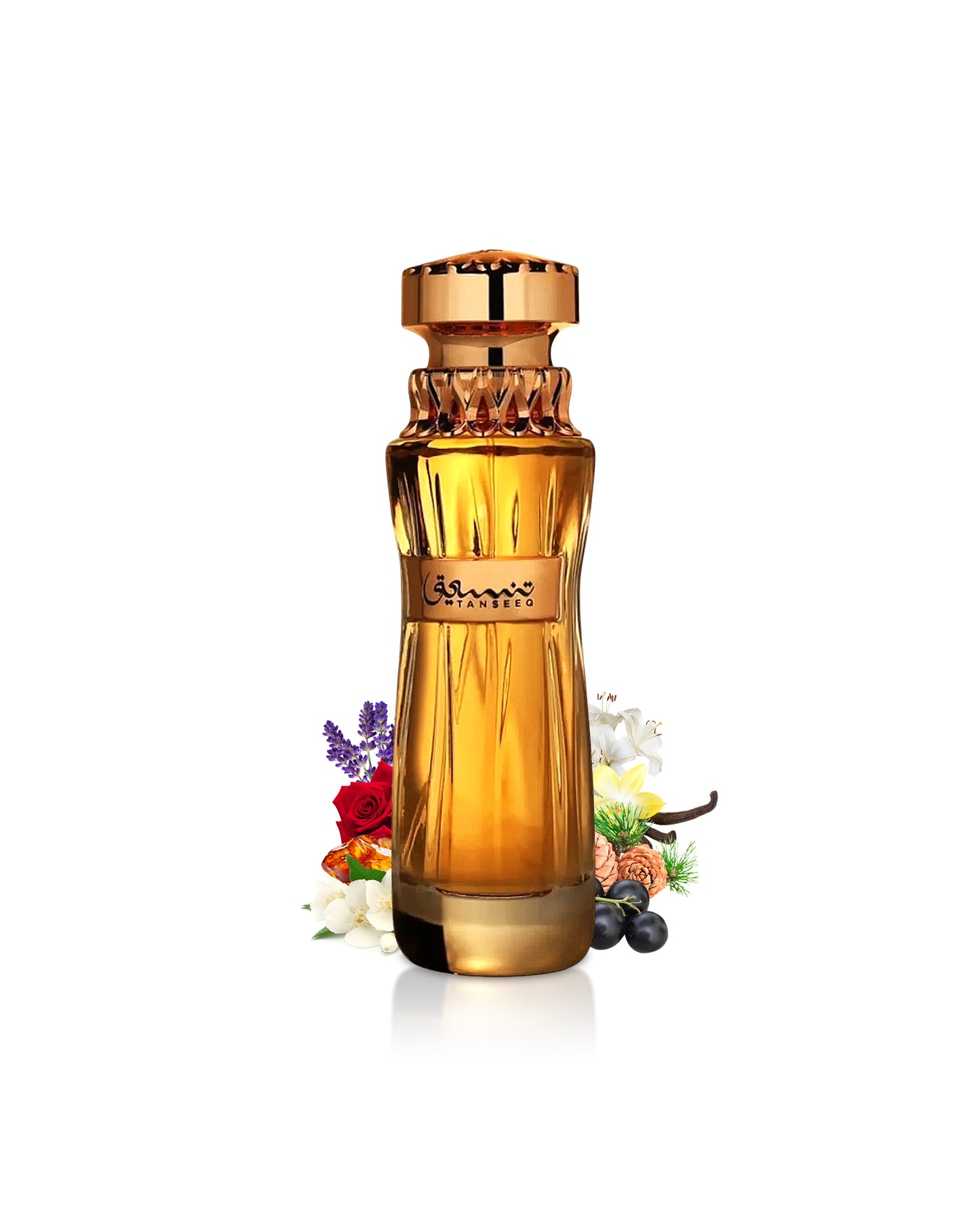 tanseeq perfume bottle surrounded with fragrance notes like jasmine and rose shows against white background