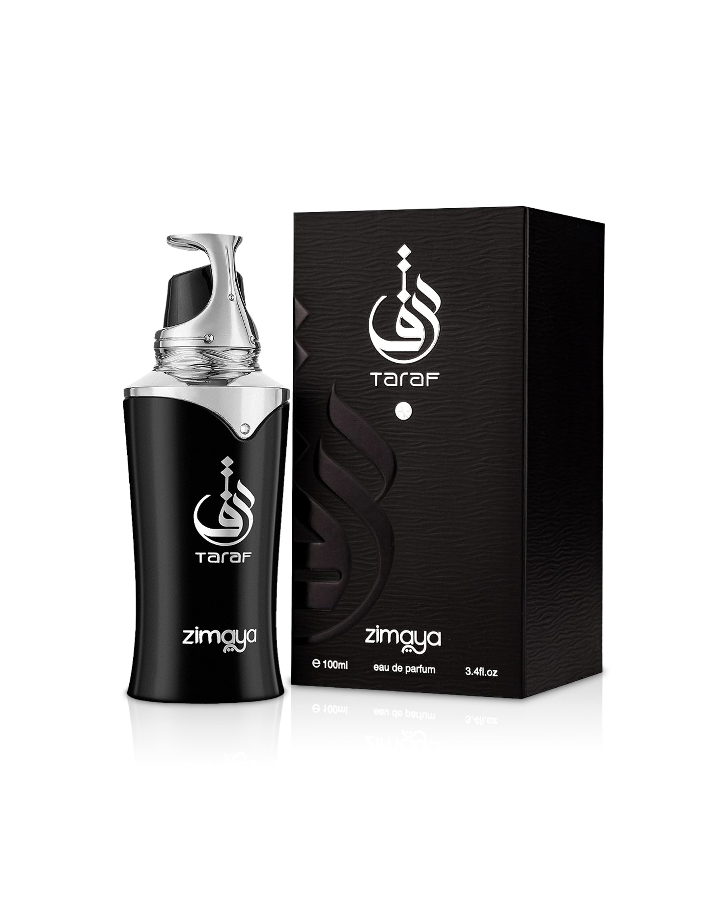 taraf black by zimaya perfumes bottle shows beside its box against white background