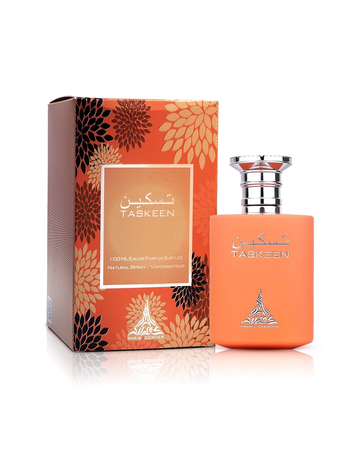 paris corner taskeen perfume bottle beside box shows against white background