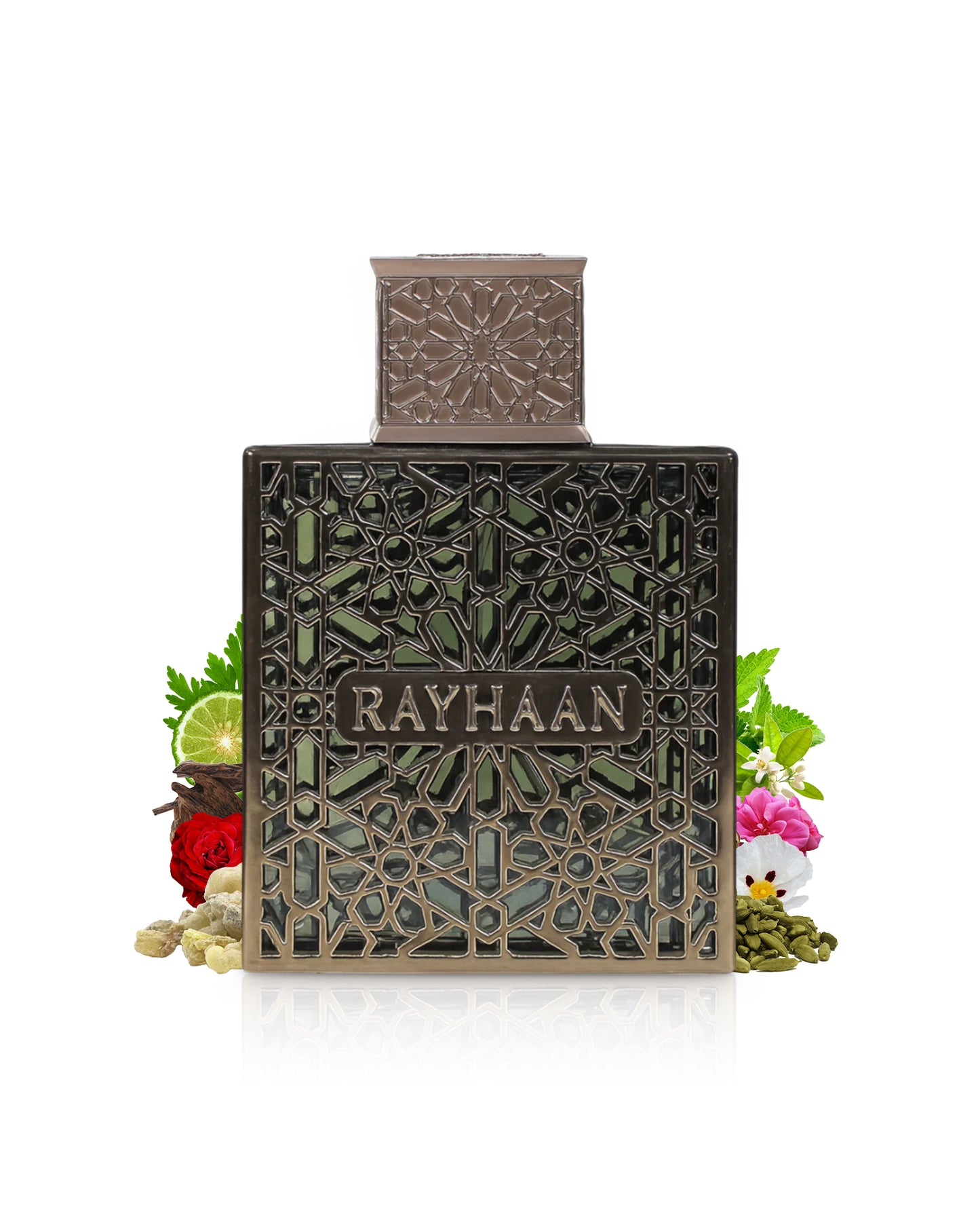 terra rayhaan perfume bottle surrounded by fragrance notes like cardamom and incense shows against white background