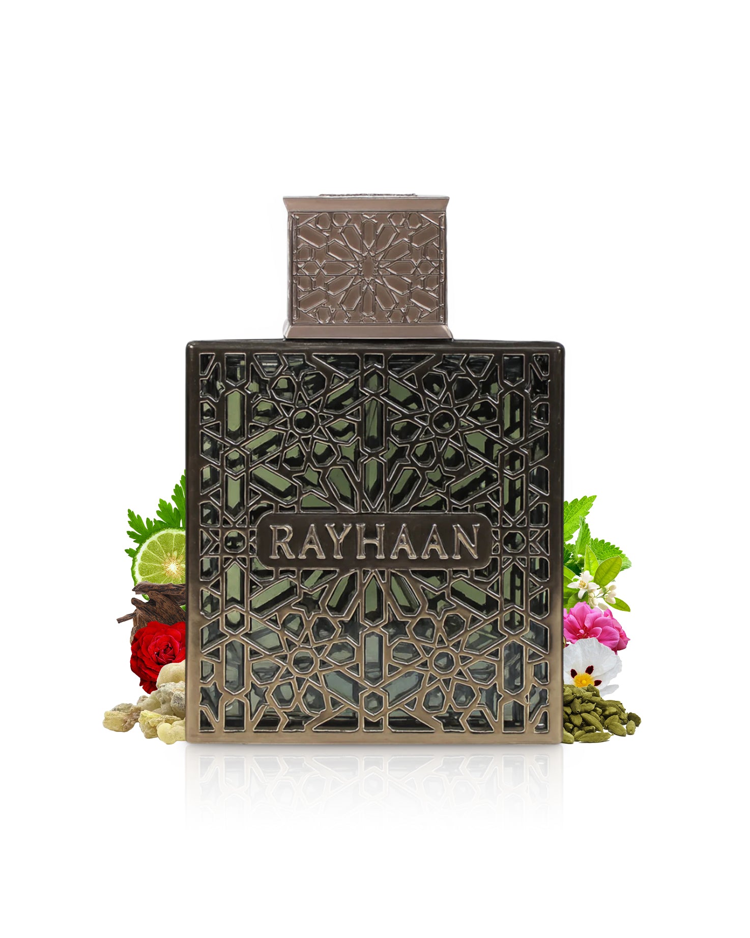 terra rayhaan perfume bottle surrounded by fragrance notes like cardamom and incense shows against white background