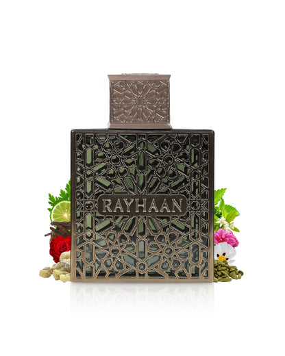 terra rayhaan perfume bottle surrounded by fragrance notes like cardamom and incense shows against white background