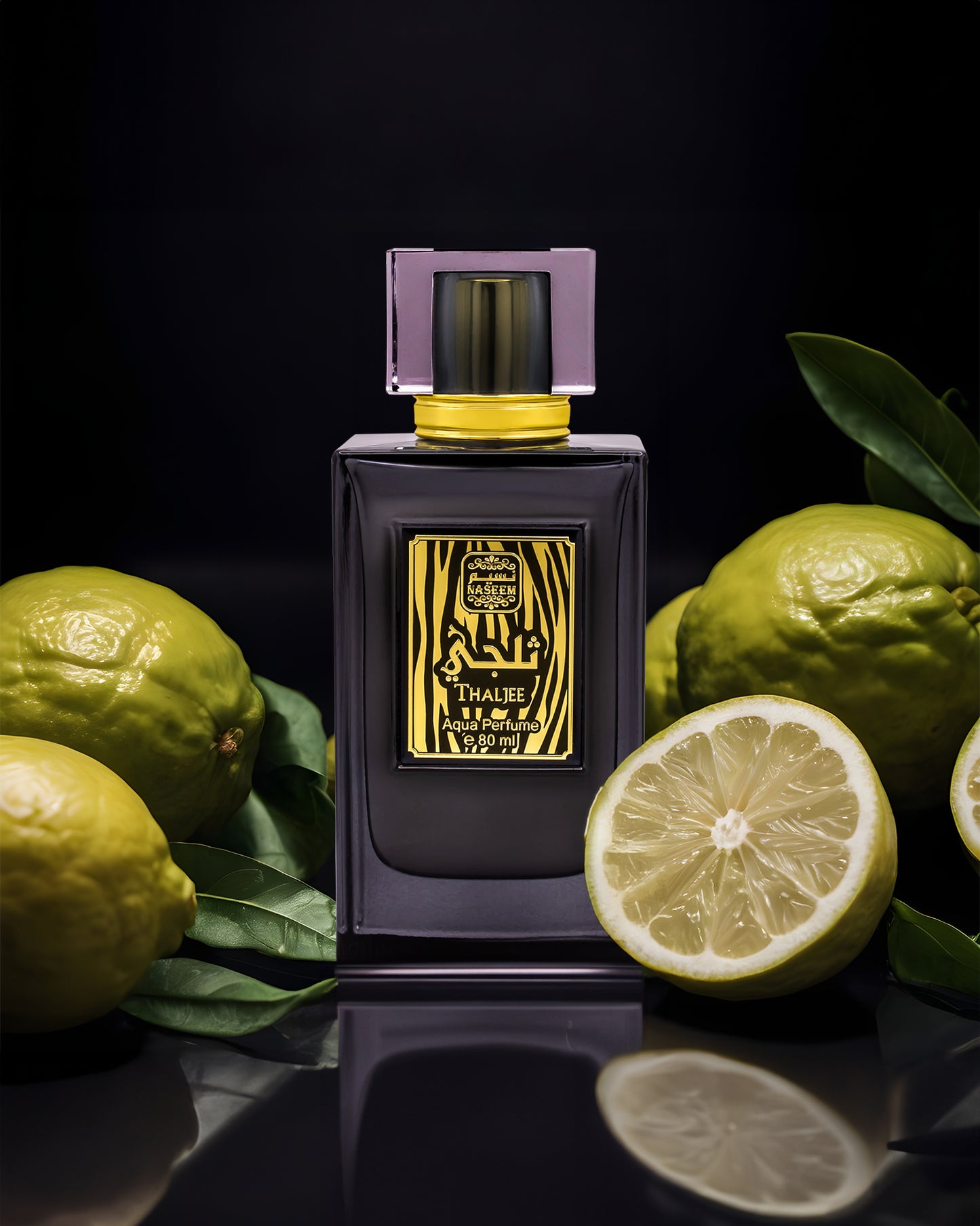  Analyzing image    thaljee aqua parfum bottle surrounded by citrus against black background