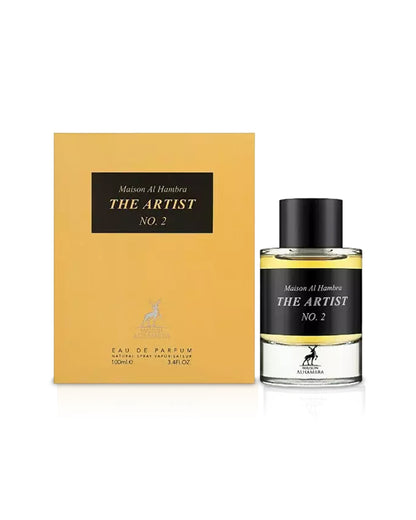 the artist no2 by maison alhambra perfume bottle shows beside its box against white background