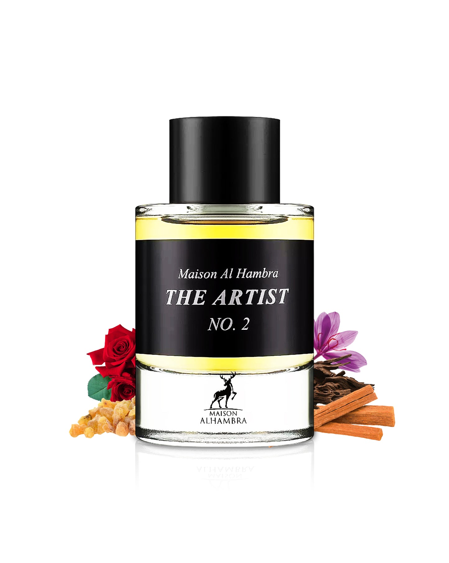 the artist no2 by maison alhambra perfume bottle surrounded with its ingredients like rose and saffron shows from behind the bottle against white background