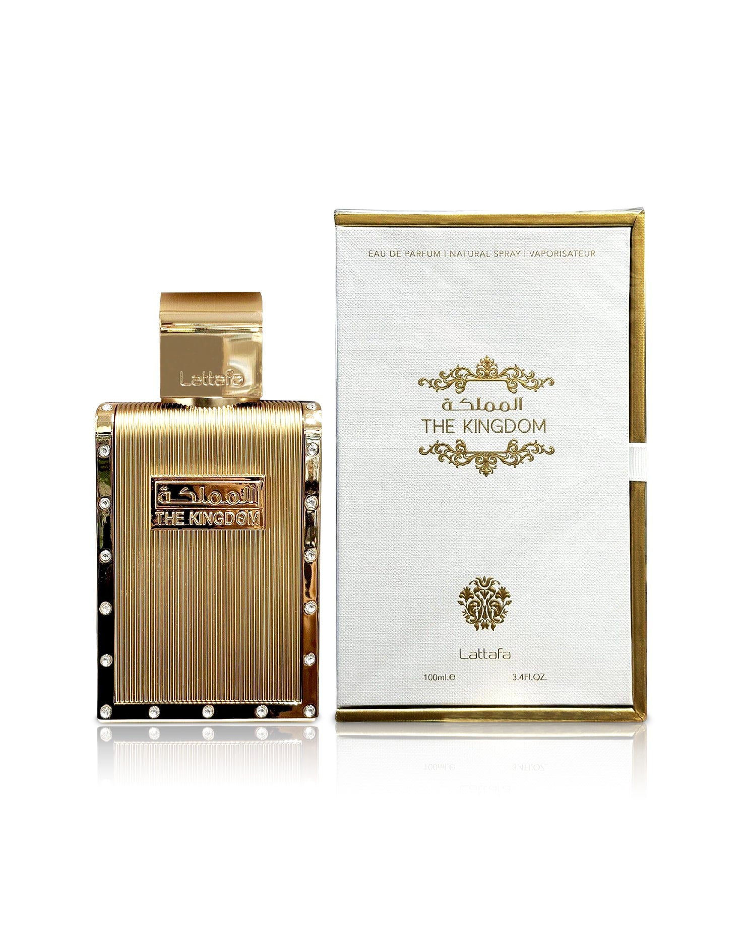 lattafa the kingdom for men perfume bottle shows beside its box against white background