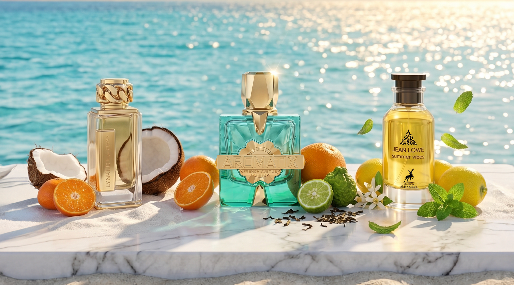 Perfume bottles with citrus beside the sea