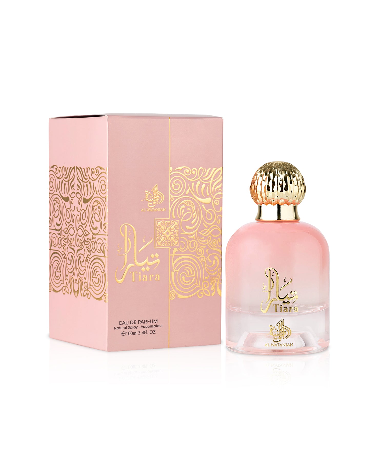 al wataniah tiara pink perfume bottle shows beside its box against white background