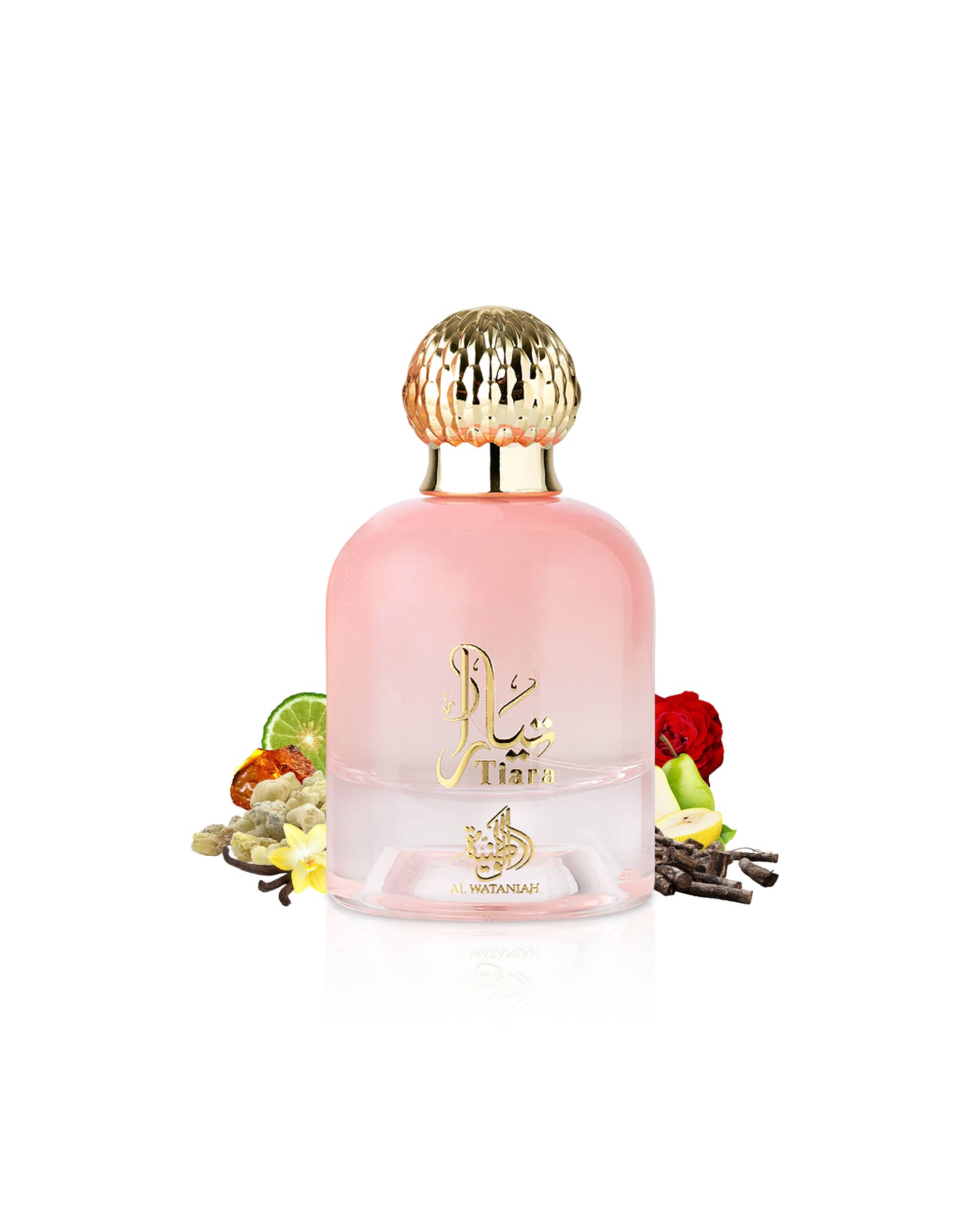 al wataniah tiara pink perfume bottle surrounded with its ingredients like rose and vanilla with many other like pear shows from behind the bottle against white background