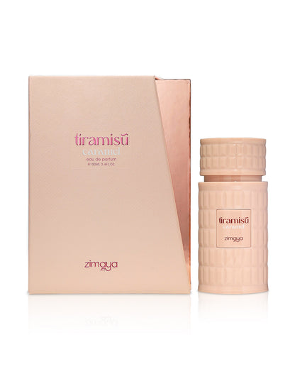 tiramisu caramel perfume bottle shows beside its box against white background