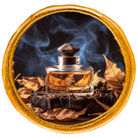 tobacco perfume bottle surrounded by tobacco leafs with smoke at background