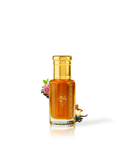 tonka divina velvet tonka perfume bottle surrounded with fragrance notes like tonka and vanilla shows from behind the bottle against white background