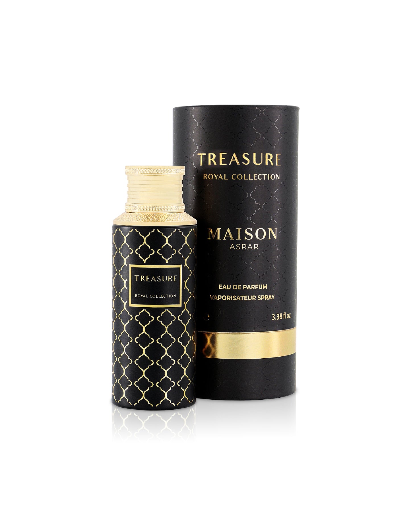 maison asrar treasure perfume bottle shows beside its box against white background