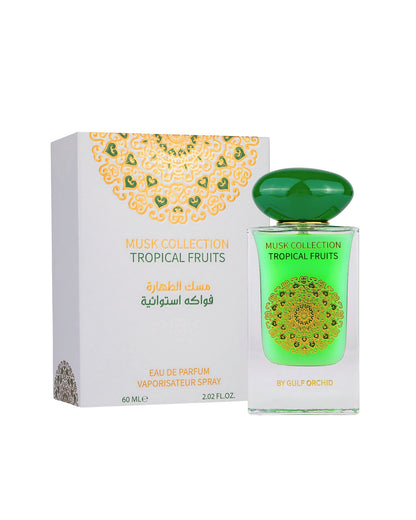 tropical fruits musk by gulf orchid perfume bottle beside its box shows against white background