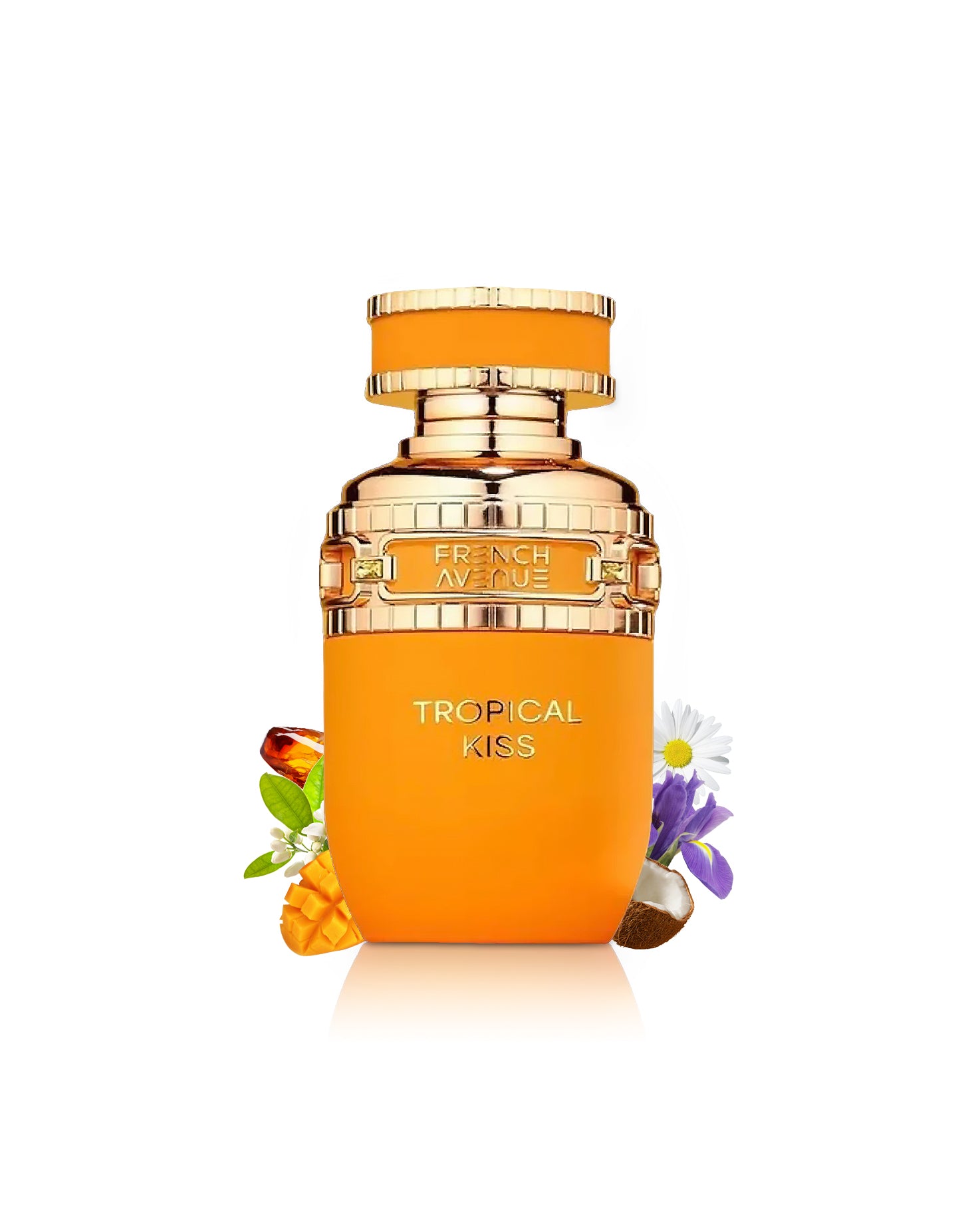 french avenue tropical kiss perfume bottle surrounded with its ingredients like mango and coconut with many others like camomille against white background