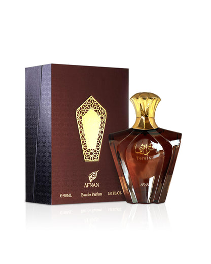 afnan turathi brown homme perfume bottle shows beside its box against white backgroun