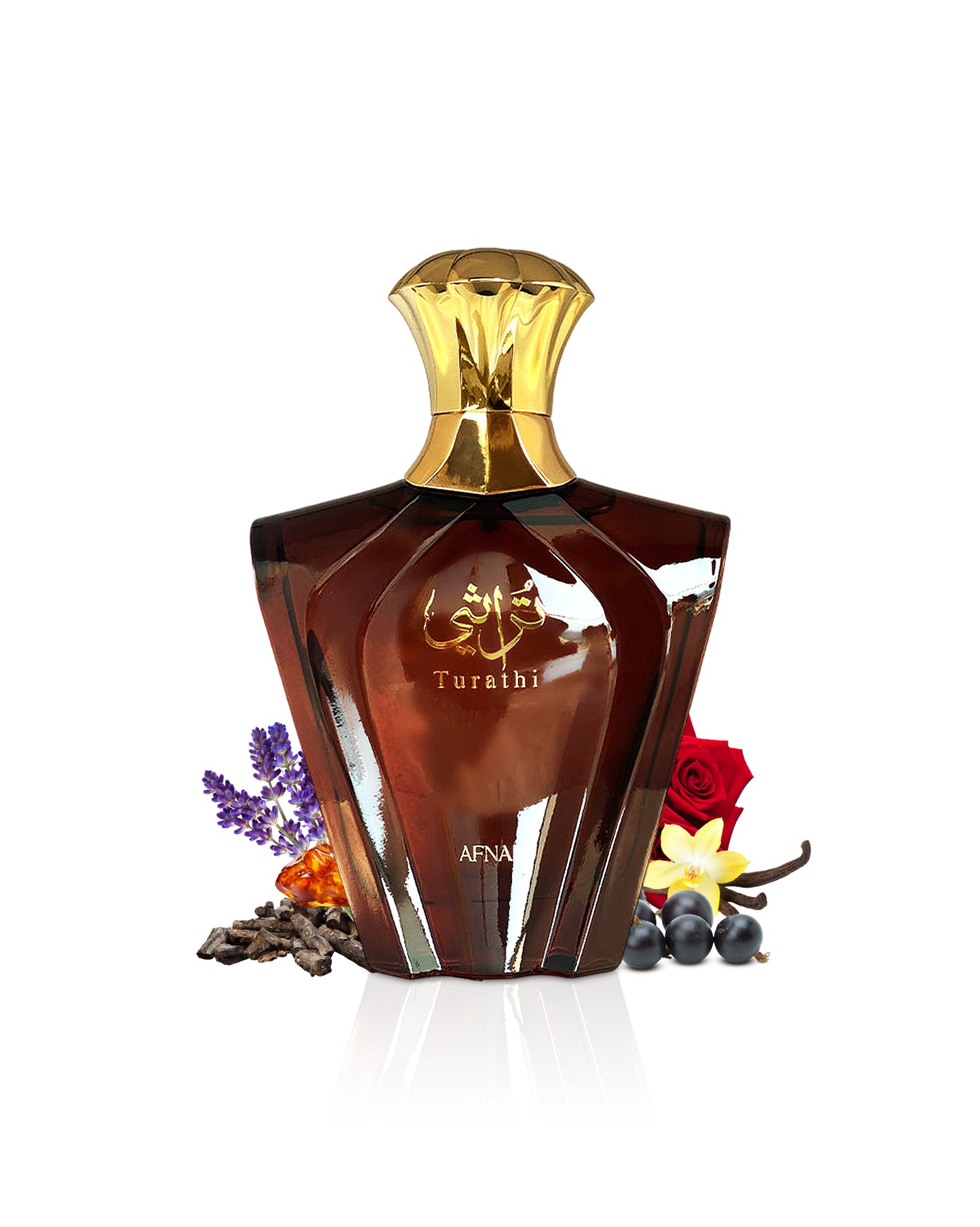 afnan turathi brown homme perfume bottle surrounded with its ingredients like rose and vanilla with many others shows from behind the bottle against white backgroun