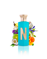 twin paradise aqua parfum bottle surrounded by coconut peach vanilla against white background