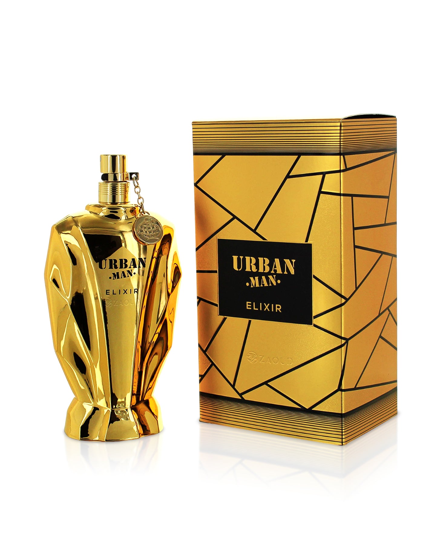 urban man elixir perfume bottle shows beside its box against white background