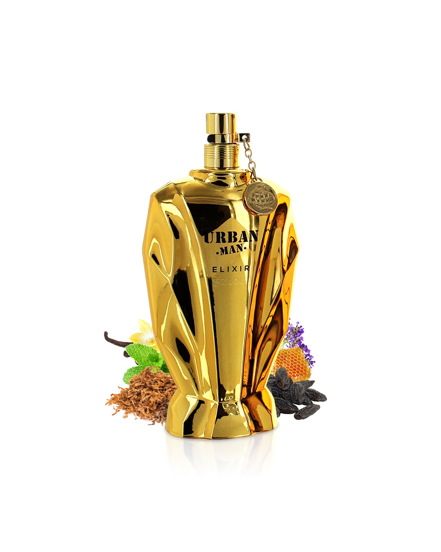 urban man elixir perfume bottle surrounded with fragrance notes like tonka and honey shows against white background